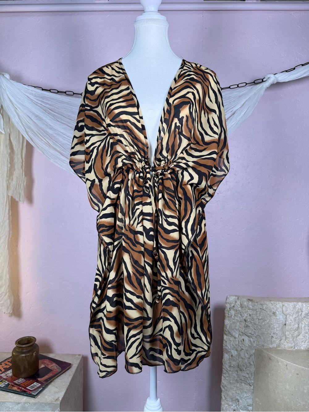 Tiger Print Satin Kaftan Mini Dress Cover Up M